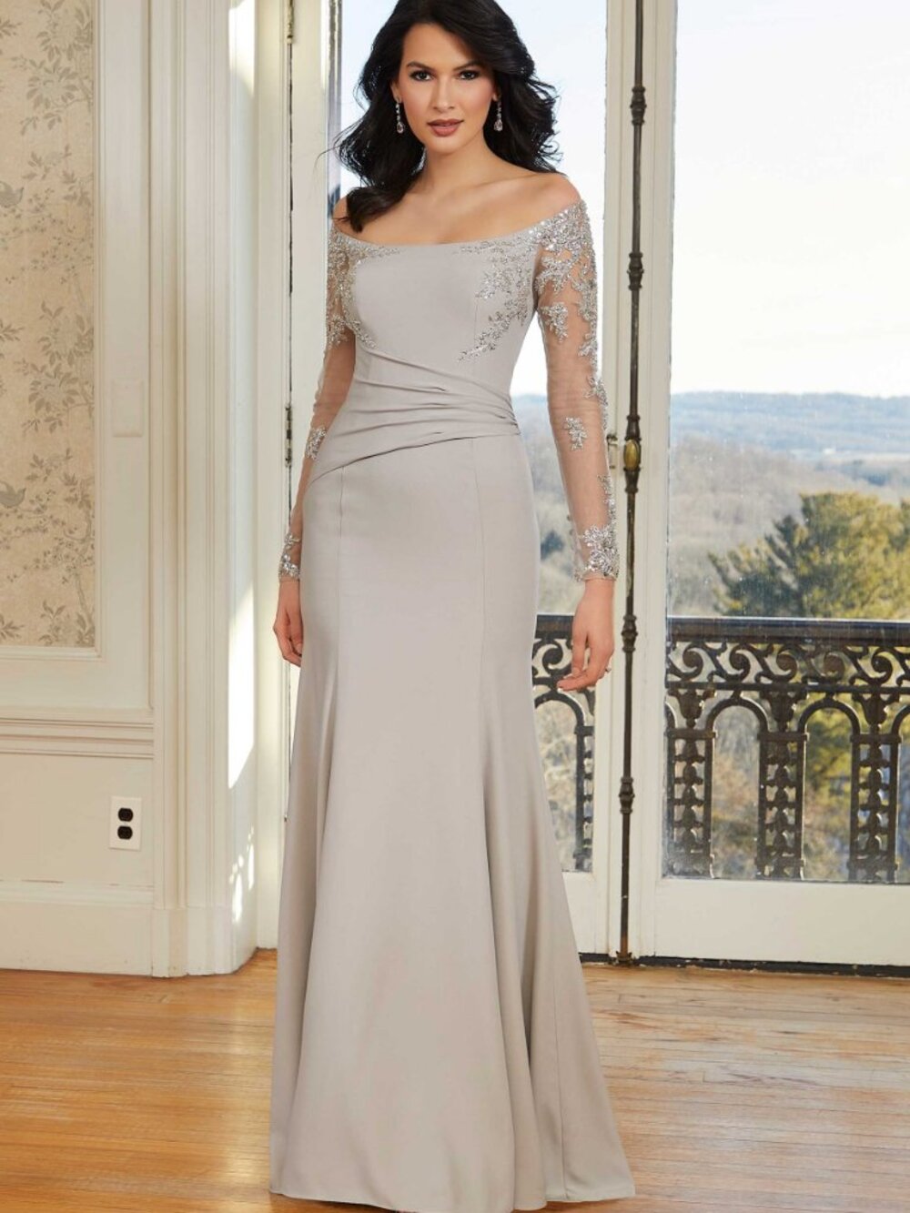 Silver Long Sleeve Beaded Crepe Mother of the Bride/Groom Gown MGNY 72604